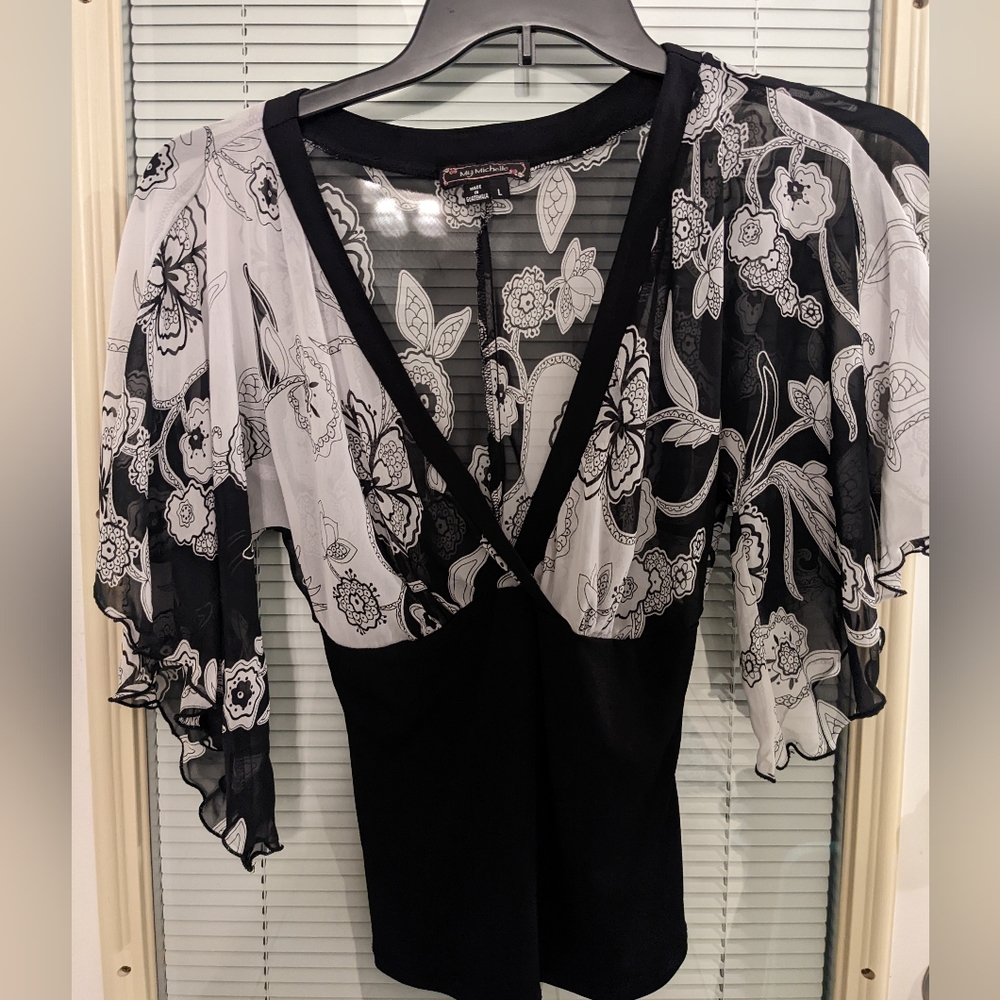 My Michelle Black and White Floral Sheer Flutter Sleeve Blouse